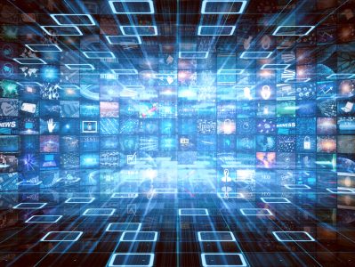 Digital Media concept Wall of screens smart TV